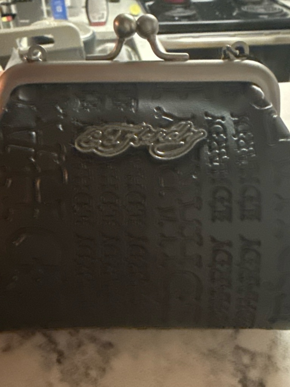 Ed Hardy Black Embossed Kiss-Lock Wallet